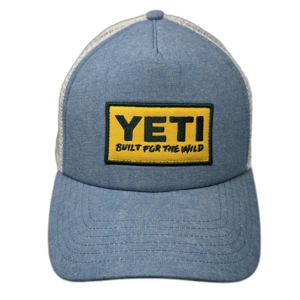 YETI Trucker Hat Blue One Size Built For The Wild Mesh Snapback Patch Green Brim
